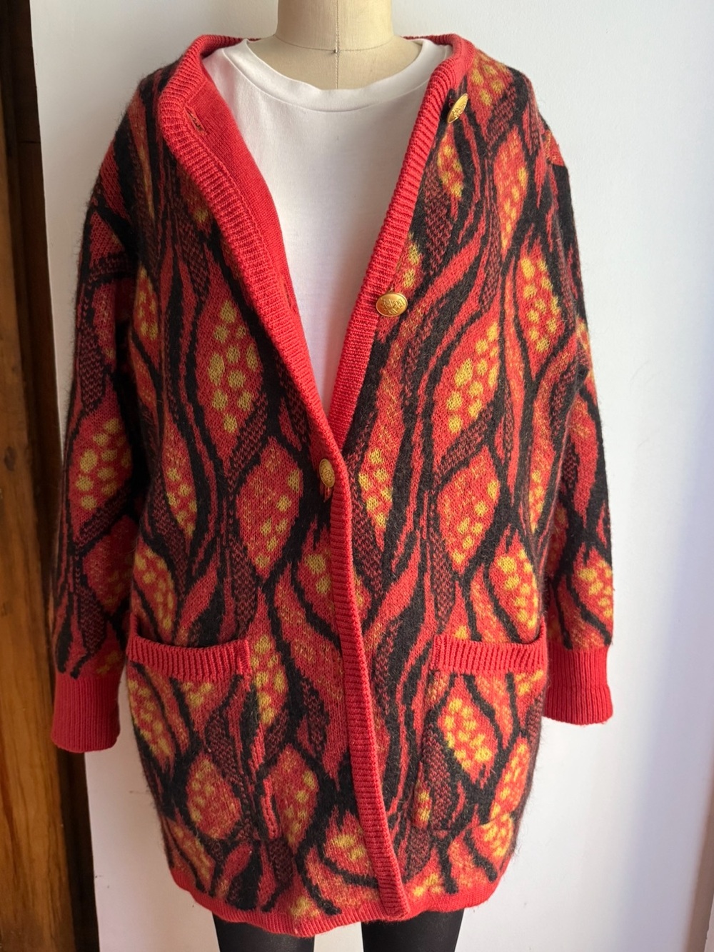 Vintage Wool Ski Cardigan Oversized Abstract Leaf Print Gold Buttons Cottagecore